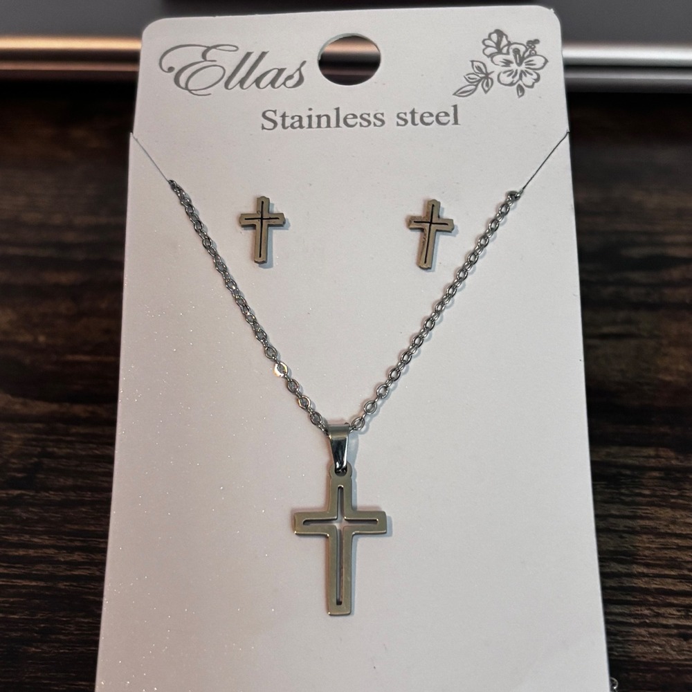 Stainless Steel Cross Necklace and Stud Earrings Jewelry Set Silver Tone